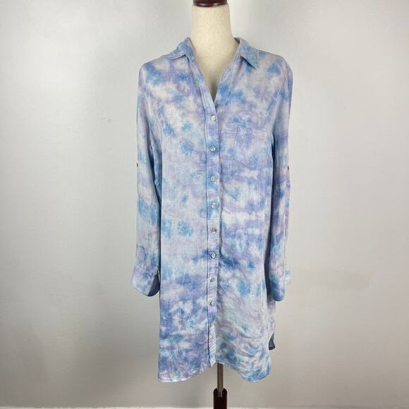 Finley Blue Tie Dye 100% linen Collared Button front Shirt Dress Women's Medium - Picture 1 of 9